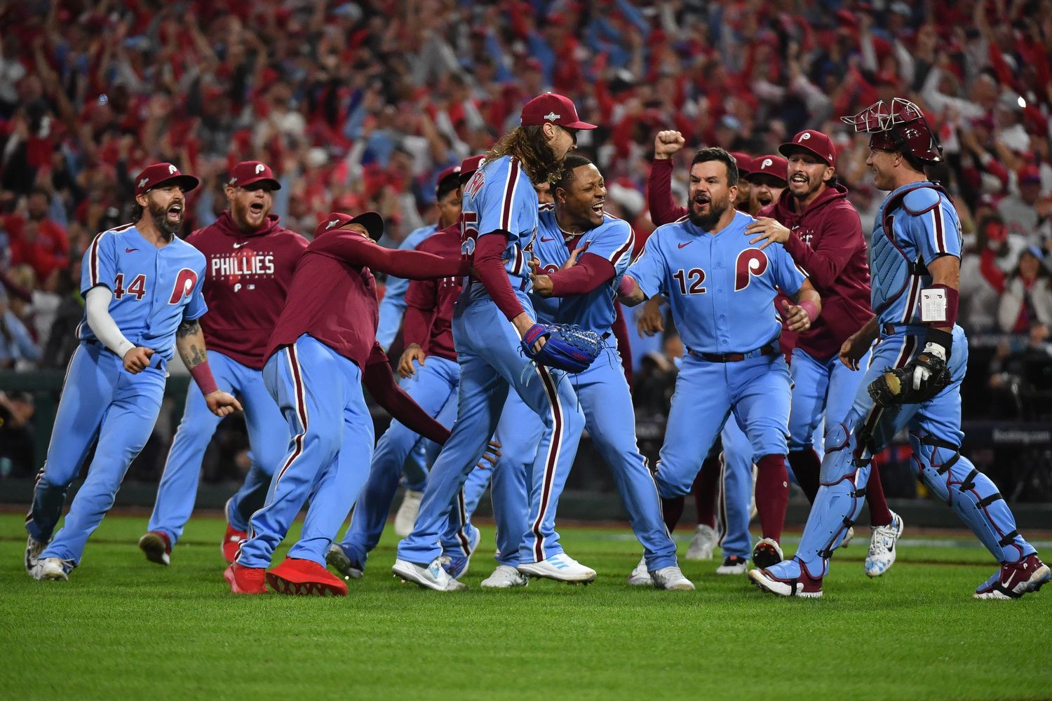 Oct 12, 2023; Philadelphia, Pennsylvania, USA; Philadelphia Phillies and relief pitcher Matt Strahm (25) celebrate the series victory against the Atlanta Braves following game four of the NLDS for the 2023 MLB playoffs at Citizens Bank Park. Mandatory Credit: Eric Hartline-USA TODAY Sports  
